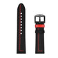 Black leather watch strap with red edge stitching and metal buckle, strap shown