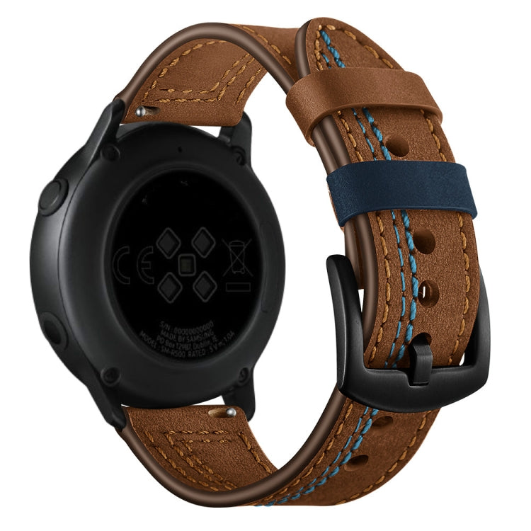 Brown leather watch strap with blue stitching, buckle, and dark watch case