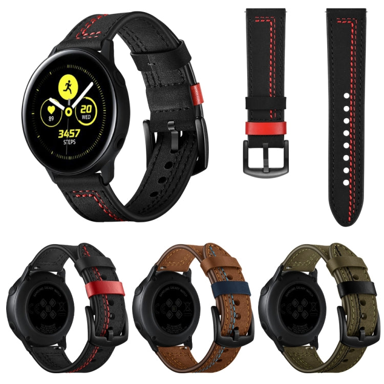Assorted leather watch straps: black with red, brown with blue, and green with blue stitching