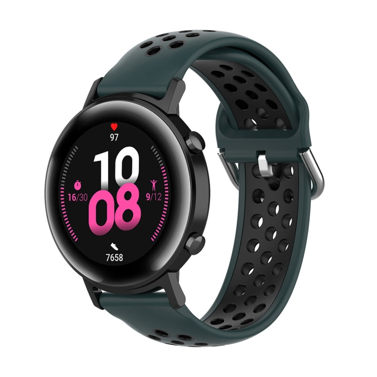 22mm silicone watch strap, perforated band, dark green and black, metal buckle