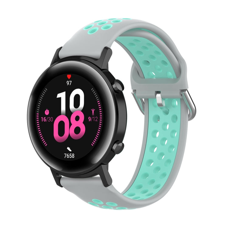 22mm silicone watch strap, perforated band, light teal and gray, metal buckle