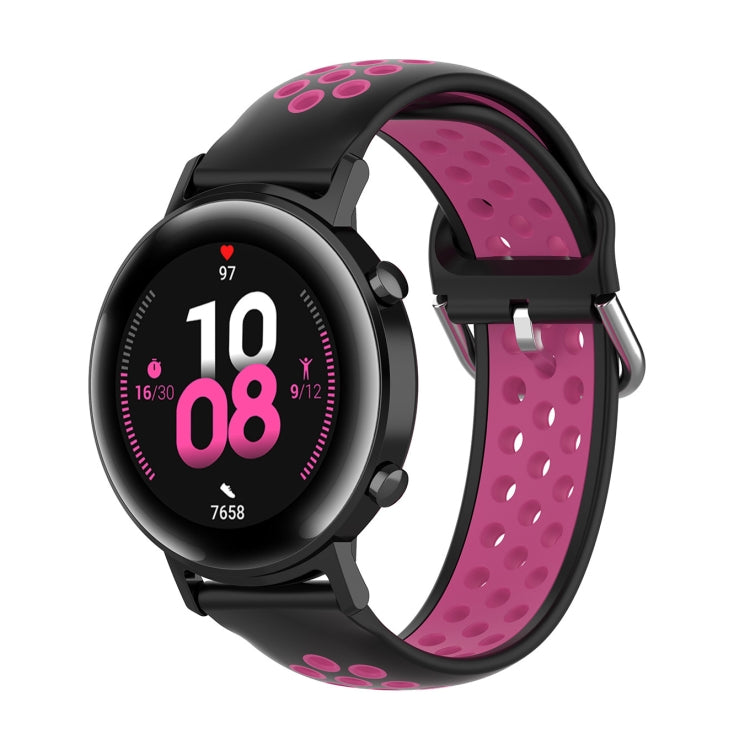 22mm silicone watch strap, perforated band, black and magenta, metal buckle