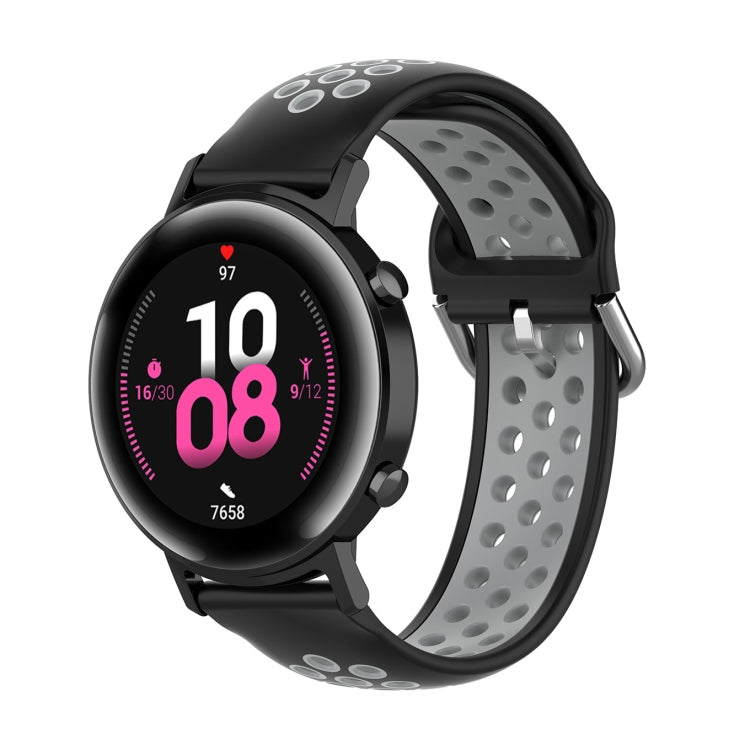 Silicone watch strap with buckle, black exterior with light gray perforated band