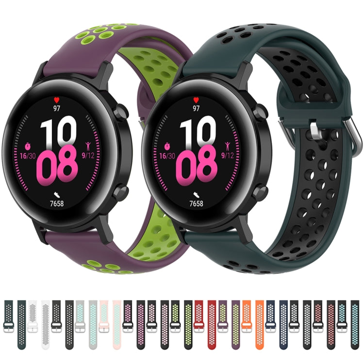 Two 22mm silicone watch straps, perforated bands in purple and green, metal buckles