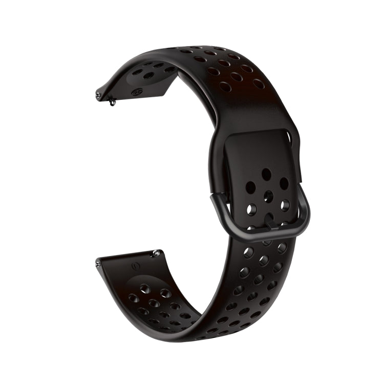 Breathable porous watch strap with inner buckle, black perforated silicone band.