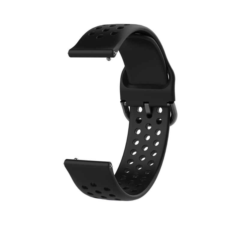 Breathable porous watch strap with inner buckle, black perforated band.
