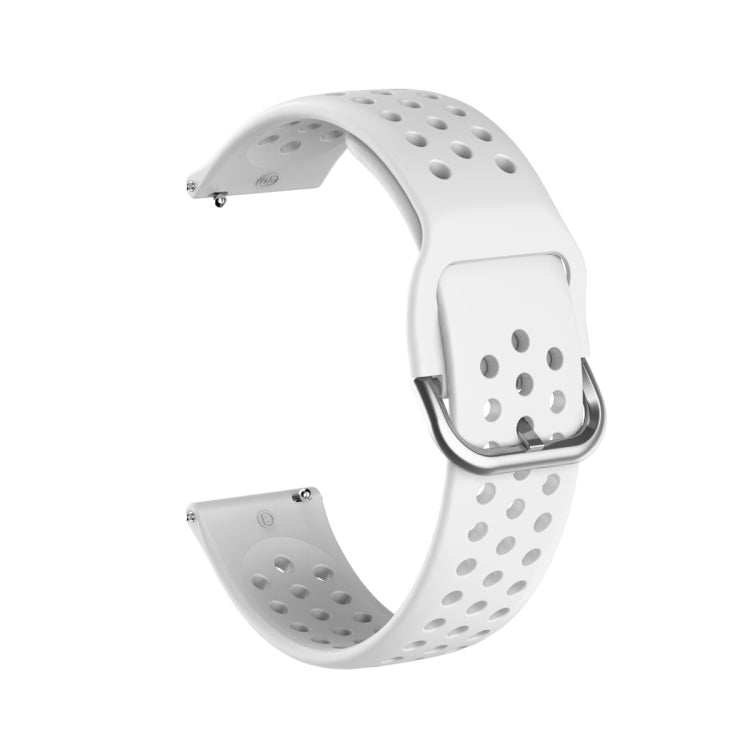 Breathable porous watch strap with inner buckle, white perforated silicone band.