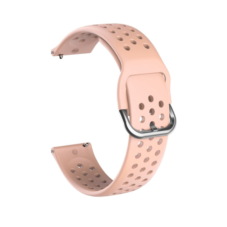 Breathable porous watch strap with inner buckle, light pink perforated silicone band.