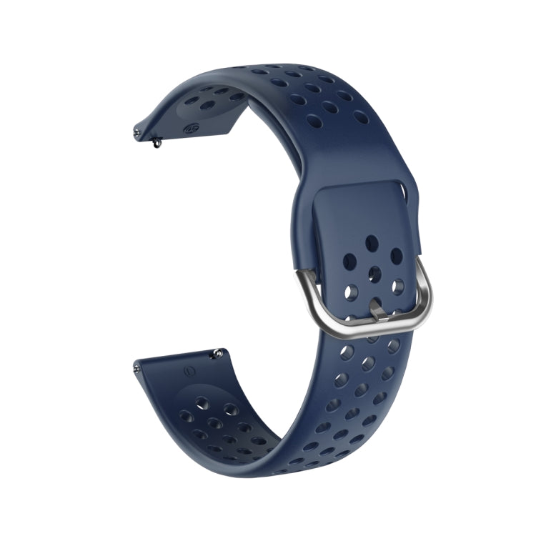Breathable porous watch strap with inner buckle, midnight blue perforated silicone band.