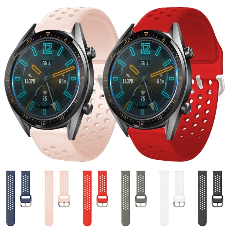 Assorted breathable porous watch straps with inner buckles in multiple colors.