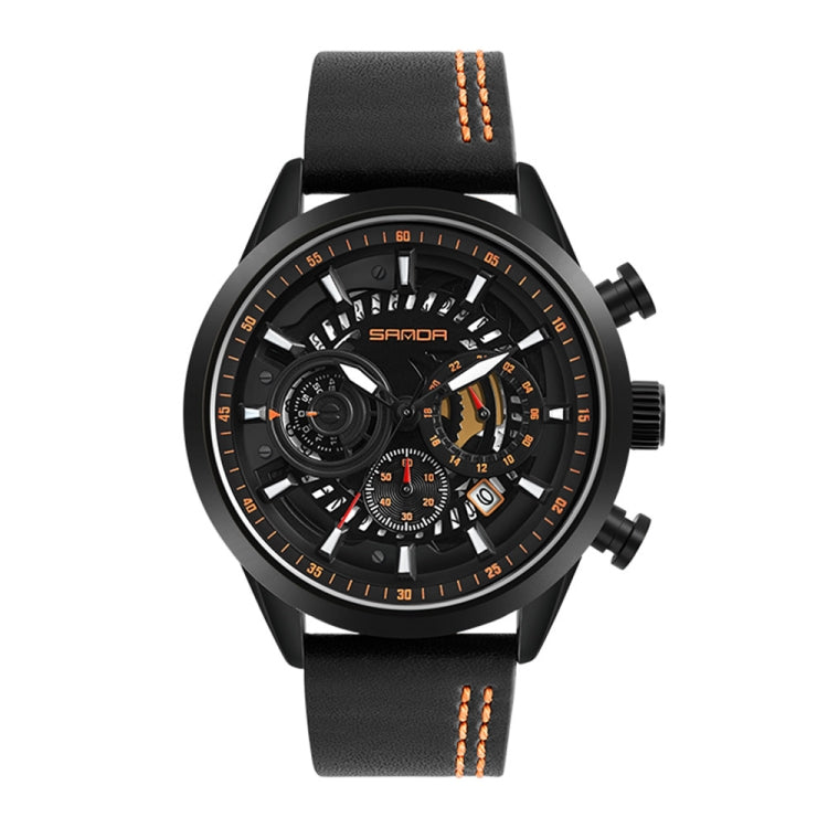Men's leather strap chronograph watch with black case and orange-accent dial