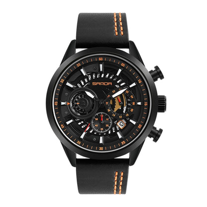 Men's leather strap chronograph watch with black case and orange-accent dial