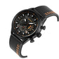 Men's leather strap chronograph watch, black dial and case with orange stitched strap