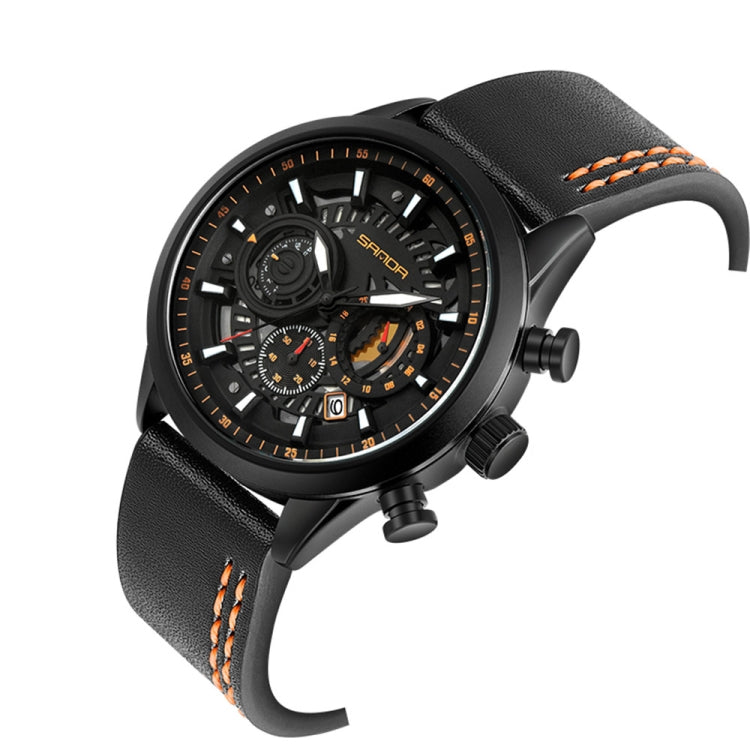 Men's leather strap chronograph watch, black dial and case with orange stitched strap