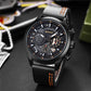 Men's leather strap chronograph watch with black dial, orange indices, three subdials