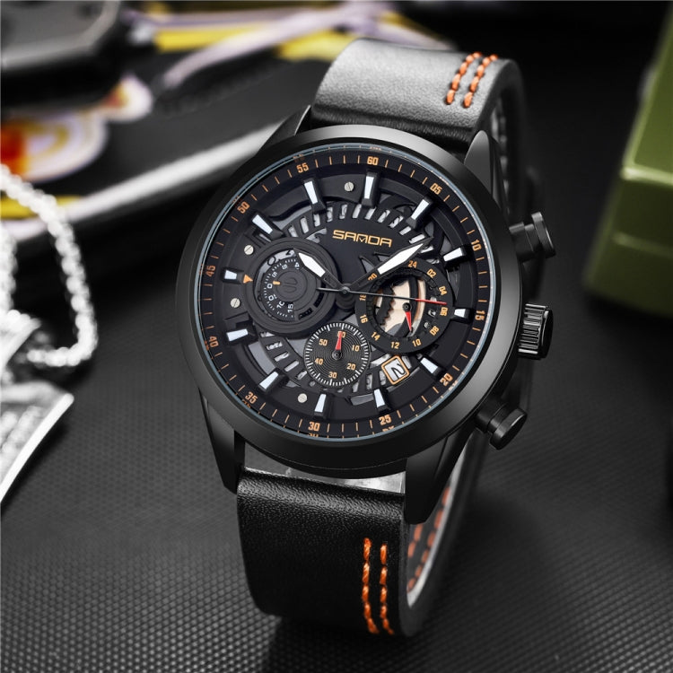Men's leather strap chronograph watch with black dial, orange indices, three subdials