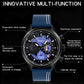 Men's leather strap chronograph watch with blue strap and multi-function blue dial
