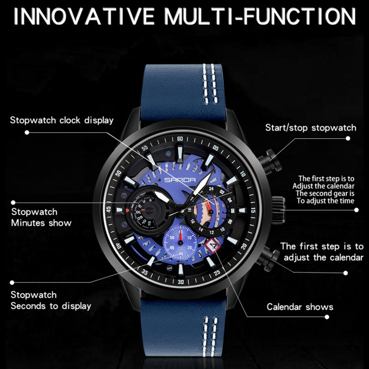 Men's leather strap chronograph watch with blue strap and multi-function blue dial