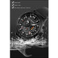 Men's leather strap chronograph watch with black case, black dial, and water-ready design