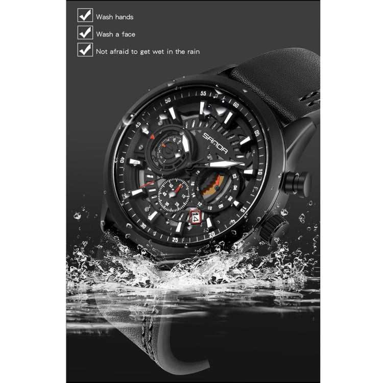 Men's leather strap chronograph watch with black case, black dial, and water-ready design