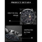Men's leather strap chronograph watch detail view of black dial and knurled buttons