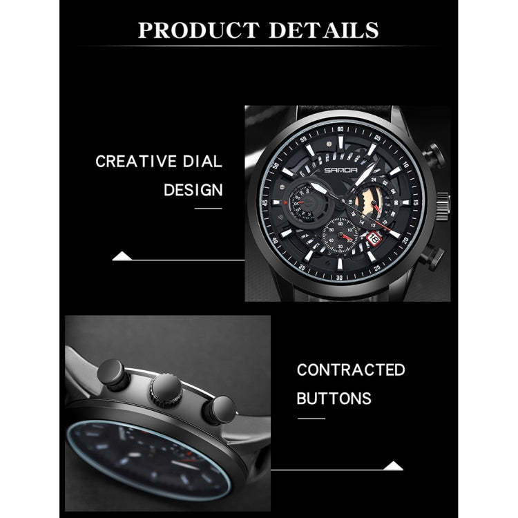 Men's leather strap chronograph watch detail view of black dial and knurled buttons