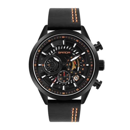 Men's leather strap chronograph watch with black case and orange-accent dial