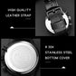 Men's leather strap chronograph watch, black strap and stainless steel case back view