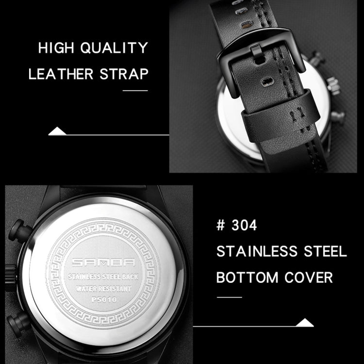 Men's leather strap chronograph watch, black strap and stainless steel case back view