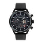 Men's leather strap chronograph watch, black case with three subdials and orange markers