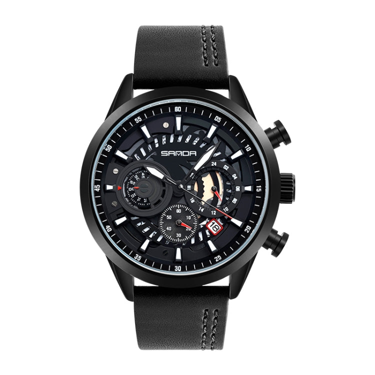 Men's leather strap chronograph watch, black case with three subdials and orange markers