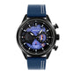 Men's leather strap chronograph watch with blue dial, black case, and blue strap