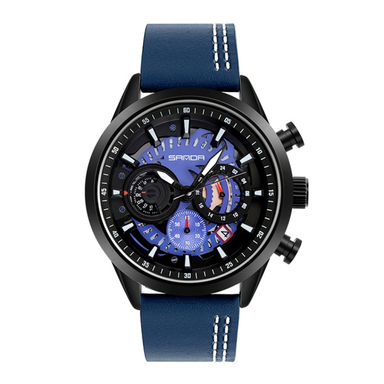 Men's leather strap chronograph watch with blue dial, black case, and blue strap