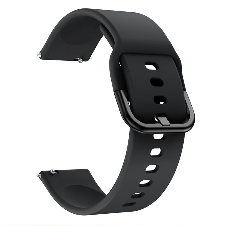 Black silicone smartwatch strap with metal buckle and perforated strap holes