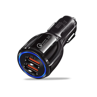 Black vehicle dual USB fast charger with blue-ring dual ports
