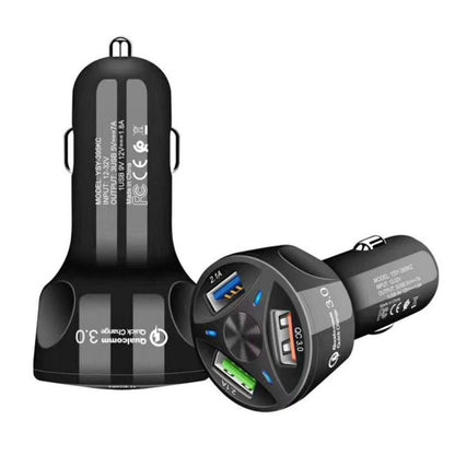 Black 3-port QC car charger with dual USB and power light indicator