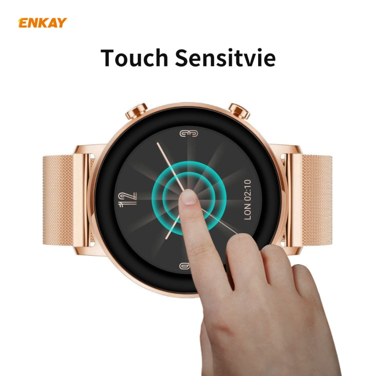 Touch-sensitive watch screen protector film on rose-gold smartwatch, finger tap