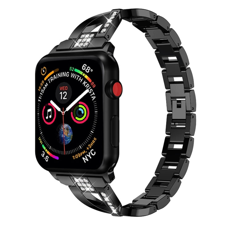 Black X-shaped diamond-studded stainless steel watch band with rectangular link design