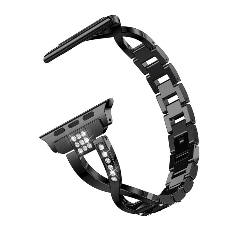 Black X-shaped diamond-studded stainless steel watch band underside detail with clasp