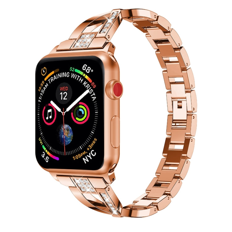 Rose gold X-shaped diamond-studded stainless steel watch band with rectangular link design
