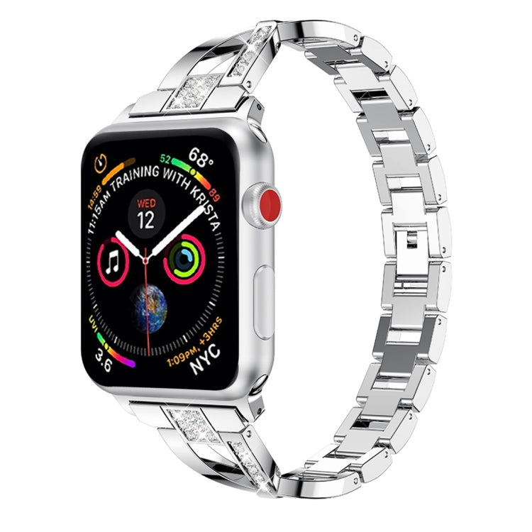Silver X-shaped diamond-studded stainless steel watch band with rectangular link design