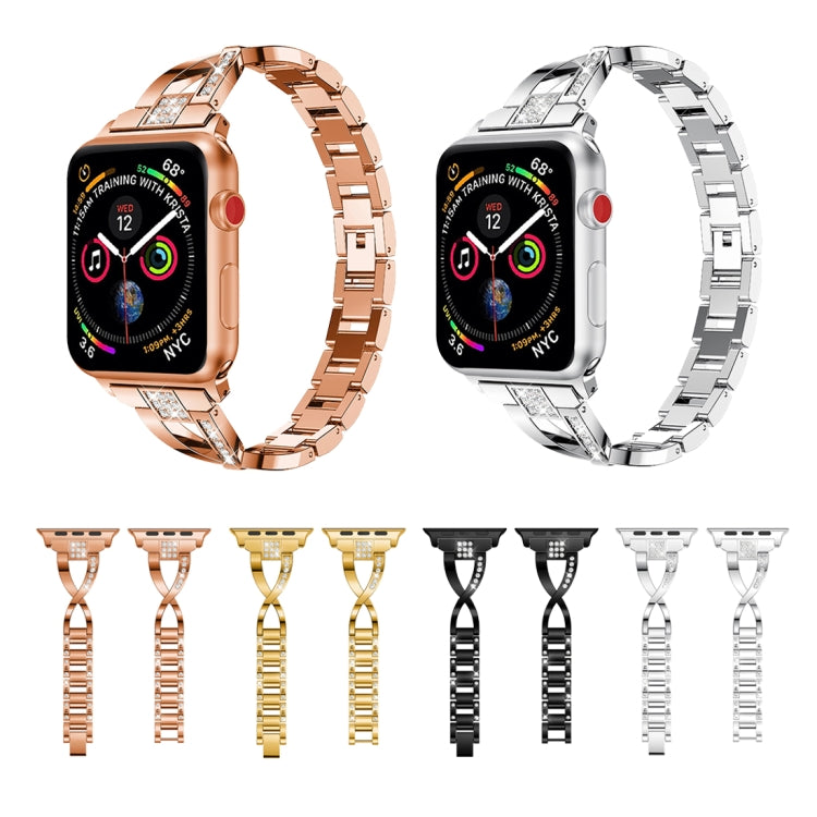 X-shaped diamond-studded stainless steel watch bands set in multiple colors, shown laid out