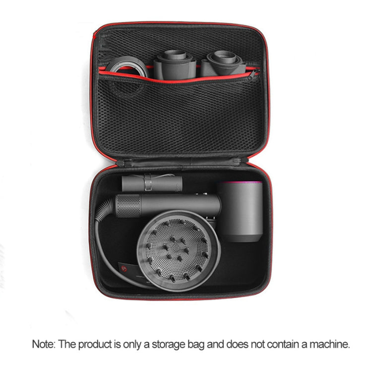 Hard shell storage bag open, dark gray with red trim and mesh pockets