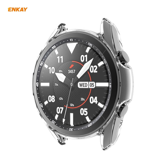 Clear TPU smartwatch case on black digital watch face