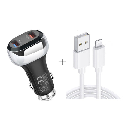 Black dual-port car USB charger with 8-pin cable, includes USB-A connector