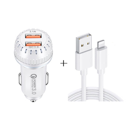 White dual-port car USB charger with 8-pin data cable and QC 3.0 ports