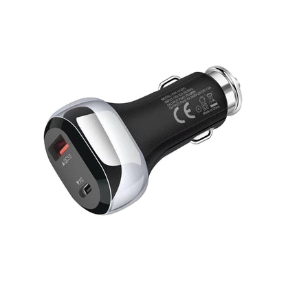 Black dual-port car charger with USB-C PD and QC3.0, metal rings and compact body.