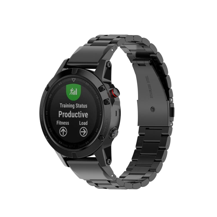 Black stainless steel smartwatch strap with quick-release end links and metal buckle
