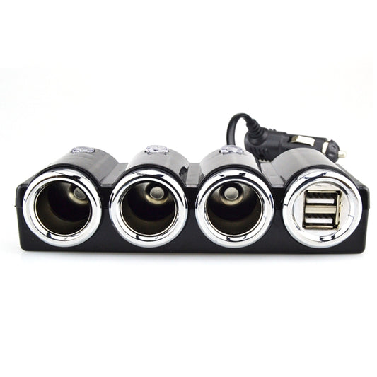 Car cigarette lighter splitter adapter showing three socket outlets and one USB port
