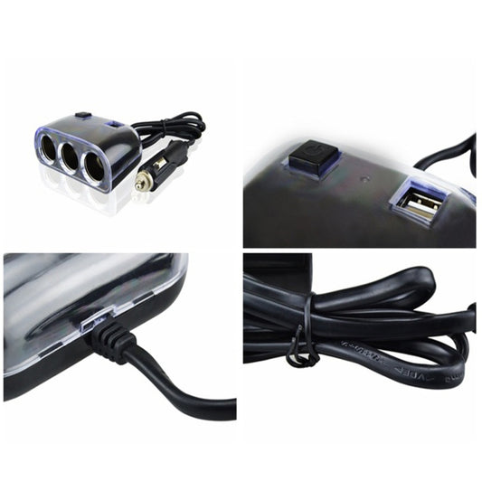 3-way car cigarette lighter splitter adapter with USB ports and power cord plug detail